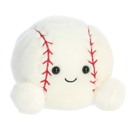 Angled front view of the adorable Aurora Slugger Baseball stuffed animal featuring a sweet smile, dark eyes, and classic red baseball seams.