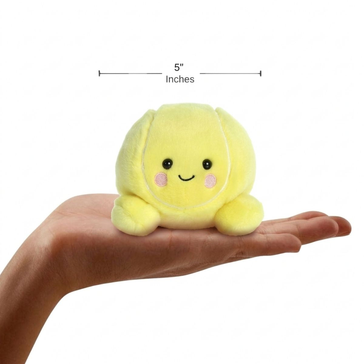 Sizing graphic for the Aurora Palm Pals Ace Tennis Ball plush showing it sitting perfectly in the palm of a hand, indicating a total height of 5 inches.