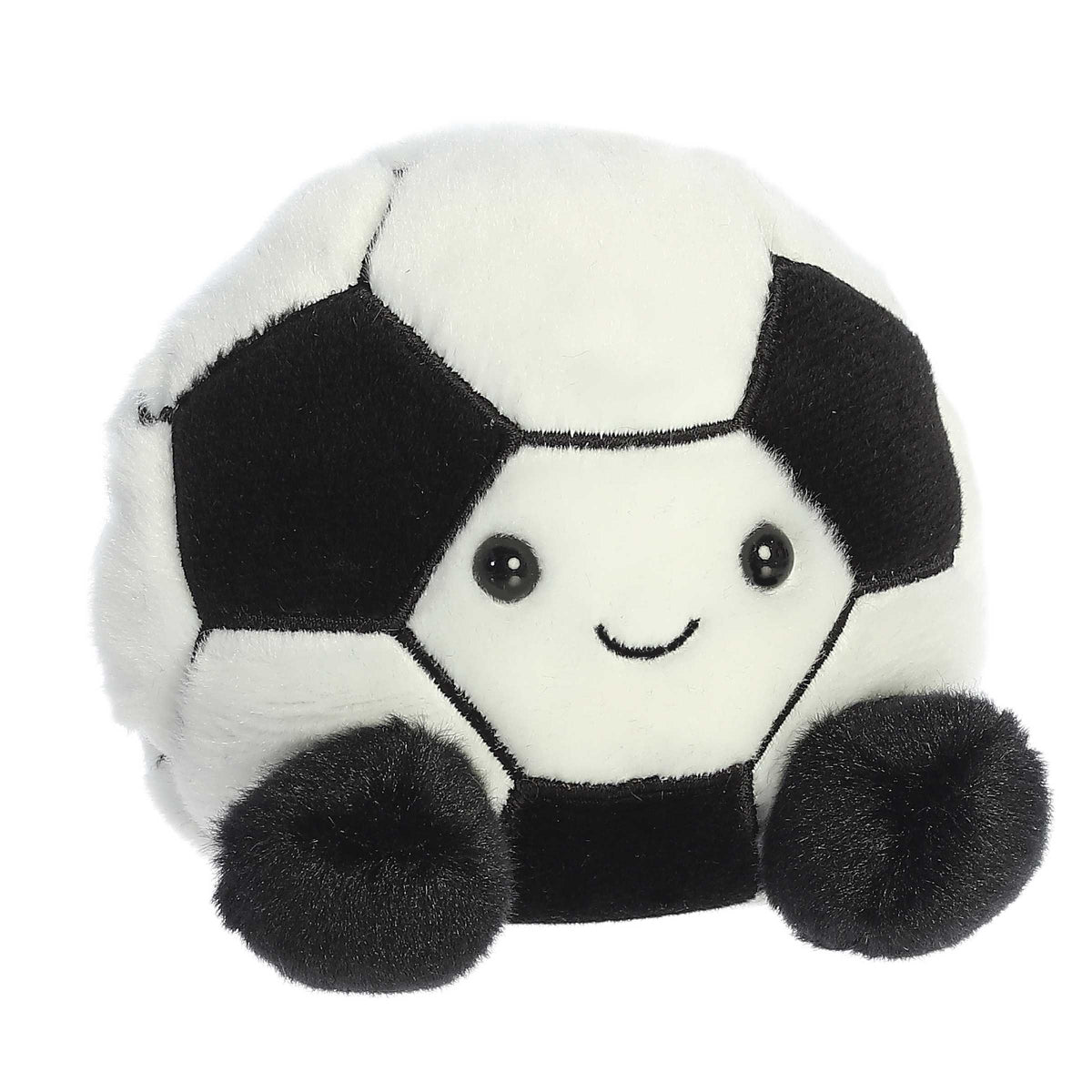 Plush toy shaped like a soccer ball with a smiling face on a white background