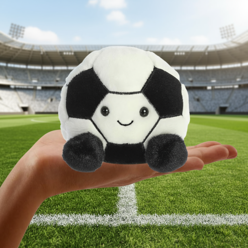 Plush soccer ball toy held in a hand on a white background