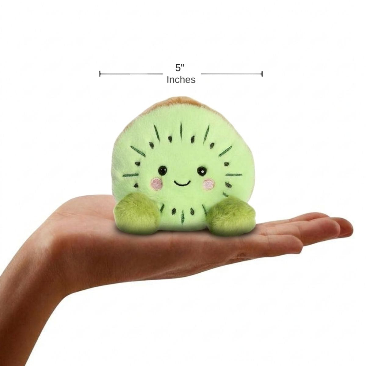 The miniature Kimber Kiwi plush sitting balanced in an open human hand under a 5-inch width graphic indicator.