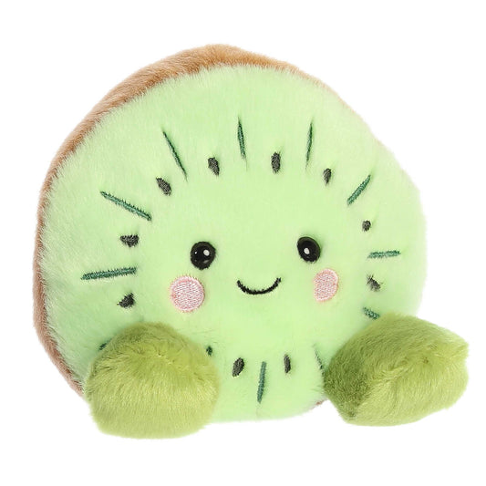 Aurora 5-inch Palm Pals Kimber Kiwi plush toy showing its fuzzy brown outer rind, bright light-green seeded face, blushing cheeks, and a cute smiling face.