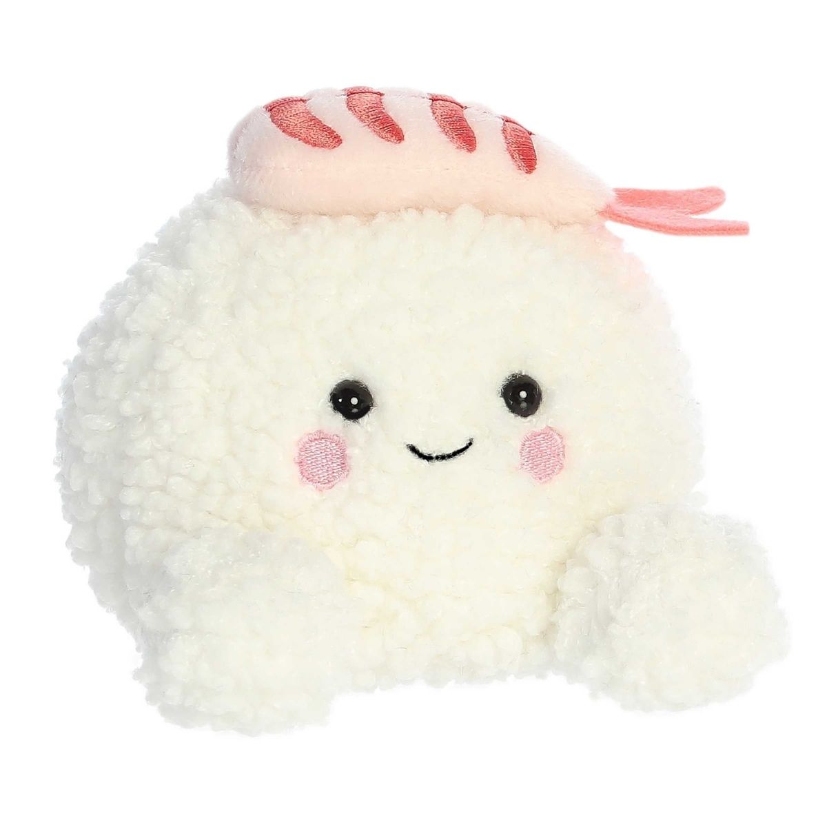Aurora 5-inch Palm Pals Ebi Shrimp Sushi plush toy showing its textured white rice body, pink ebi shrimp topping with red stripes, blushing cheeks, and a cute smiling face.
