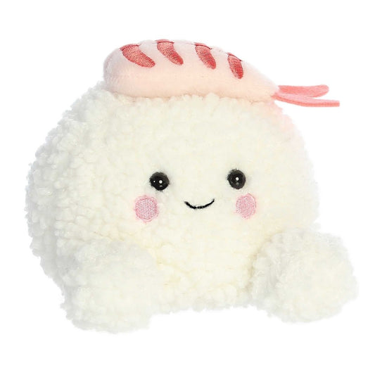 Aurora 5-inch Palm Pals Ebi Shrimp Sushi plush toy showing its textured white rice body, pink ebi shrimp topping with red stripes, blushing cheeks, and a cute smiling face.