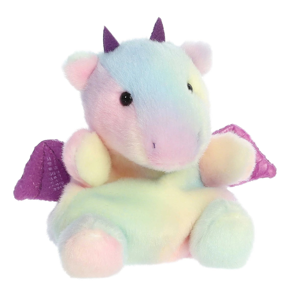 Pastel-colored plush toy with purple accents on a white background