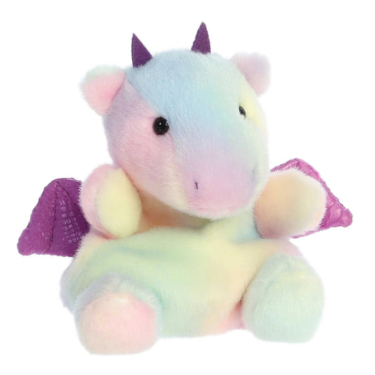 Pastel-colored plush toy with purple accents on a white background