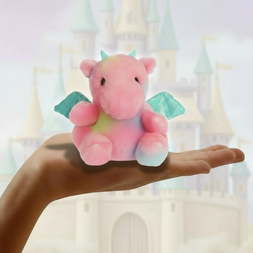 Small pink unicorn plush toy held in a hand with a measurement label indicating 5 inches.