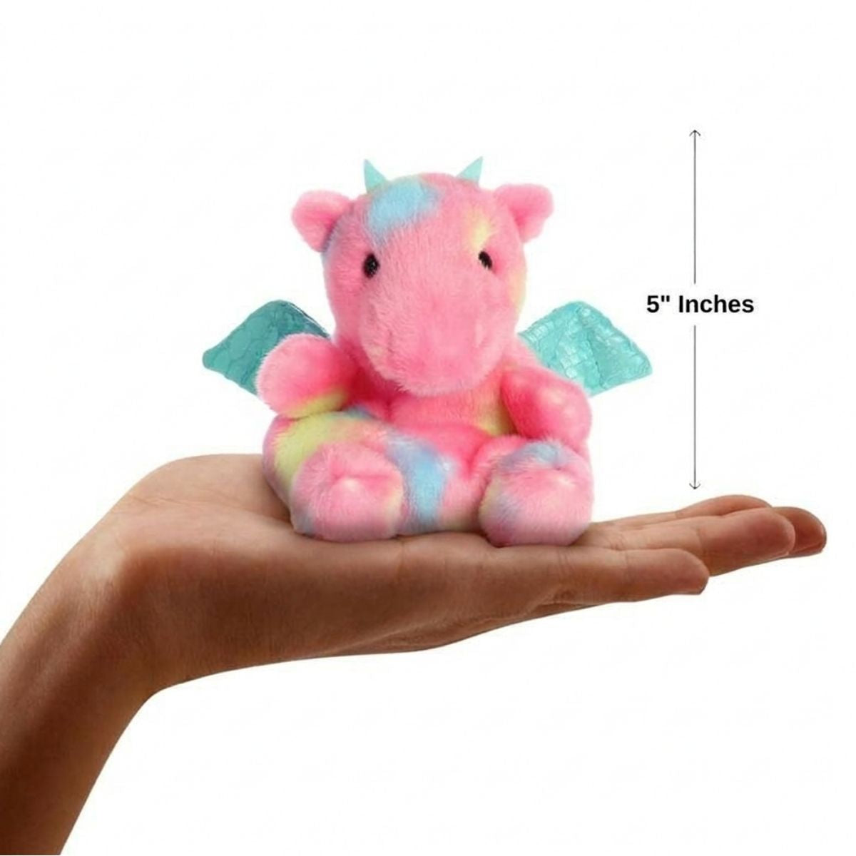 The miniature Anya Dragon plush sitting balanced in an open human hand under a 5-inch height graphic indicator.