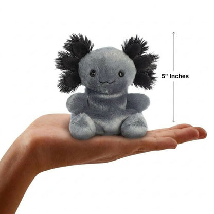 The miniature Onyx Axolotl plush sitting balanced in an open human hand under a 5-inch height graphic indicator.