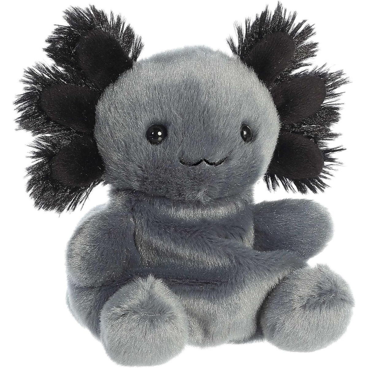 Aurora 5-inch Palm Pals Onyx Axolotl plush toy sitting at an angle showing its dark slate-gray fur, fluffy black external gills, and sweet wavy stitched smile.