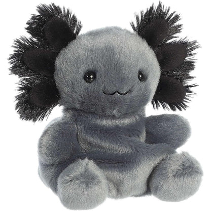 Aurora 5-inch Palm Pals Onyx Axolotl plush toy sitting at an angle showing its dark slate-gray fur, fluffy black external gills, and sweet wavy stitched smile.