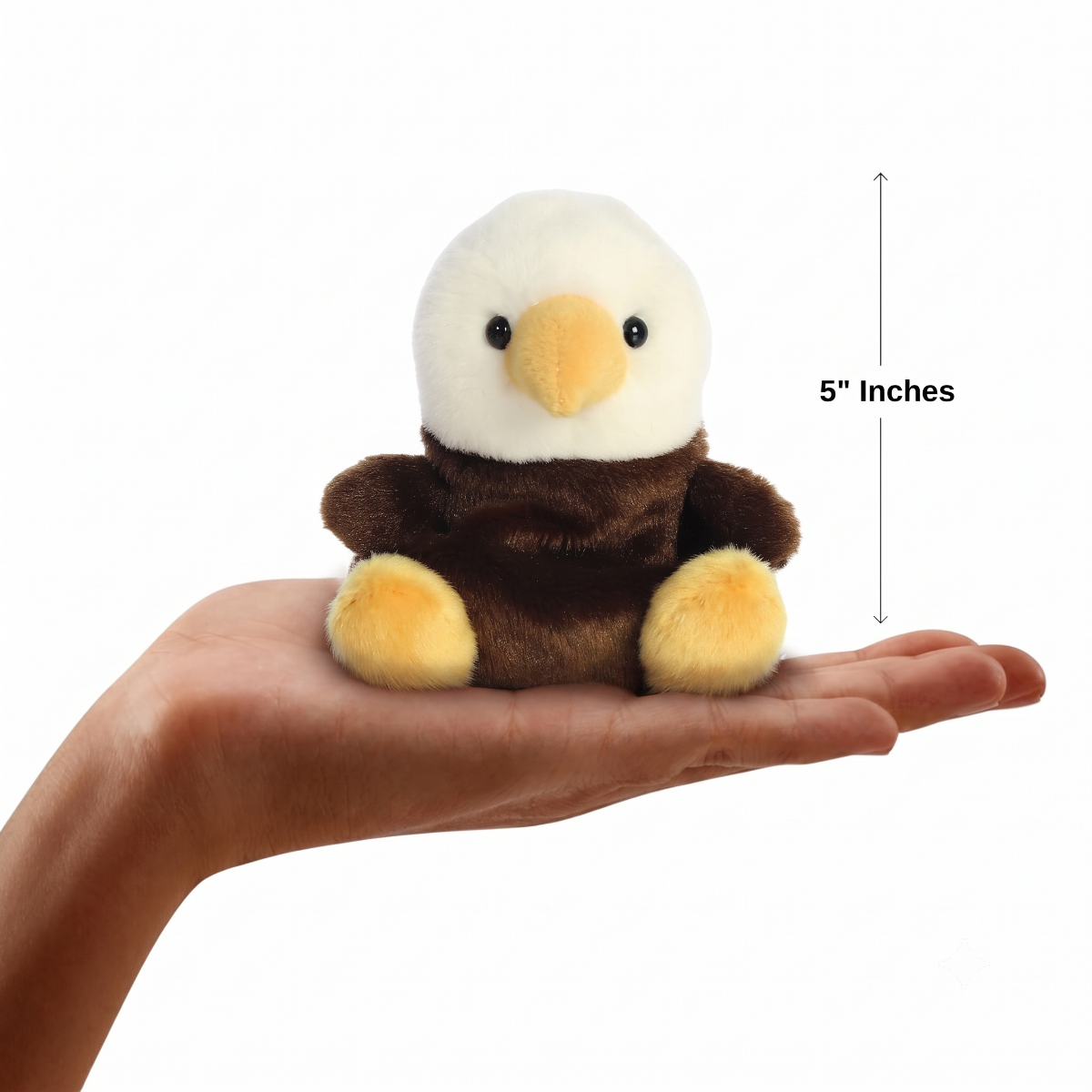 The miniature Murphy Bald Eagle plush sitting balanced in an open human hand under a 5-inch height graphic indicator.