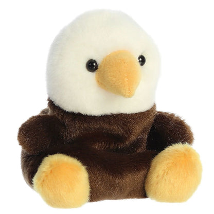 Aurora 5-inch Palm Pals Murphy Bald Eagle plush toy showing its crisp white head, golden-orange curved beak, dark brown body, and golden feet.