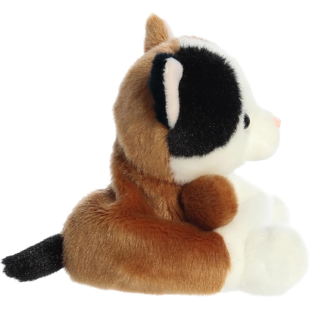 Side profile thumbnail of the mini kitty plush showcasing its brown and black back patch patterns and soft seated posture.