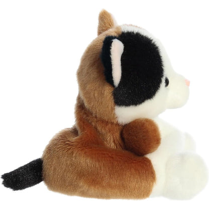 Side profile thumbnail of the mini kitty plush showcasing its brown and black back patch patterns and soft seated posture.