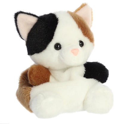 Aurora 5-inch Palm Pals Peebs Calico Cat plush toy sitting forward showing its white fur, black and brown calico patches, and small pink button nose.