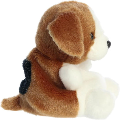 Side profile view of the Palm Pals Beagle plush highlighting its round, perfectly squishy bean-weighted body and floppy ear.