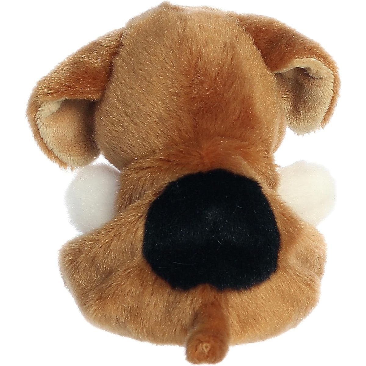 Back view of the Aurora Palm Pals dog plush toy showing its brown and white back with a large black spot and a cute little puppy tail.