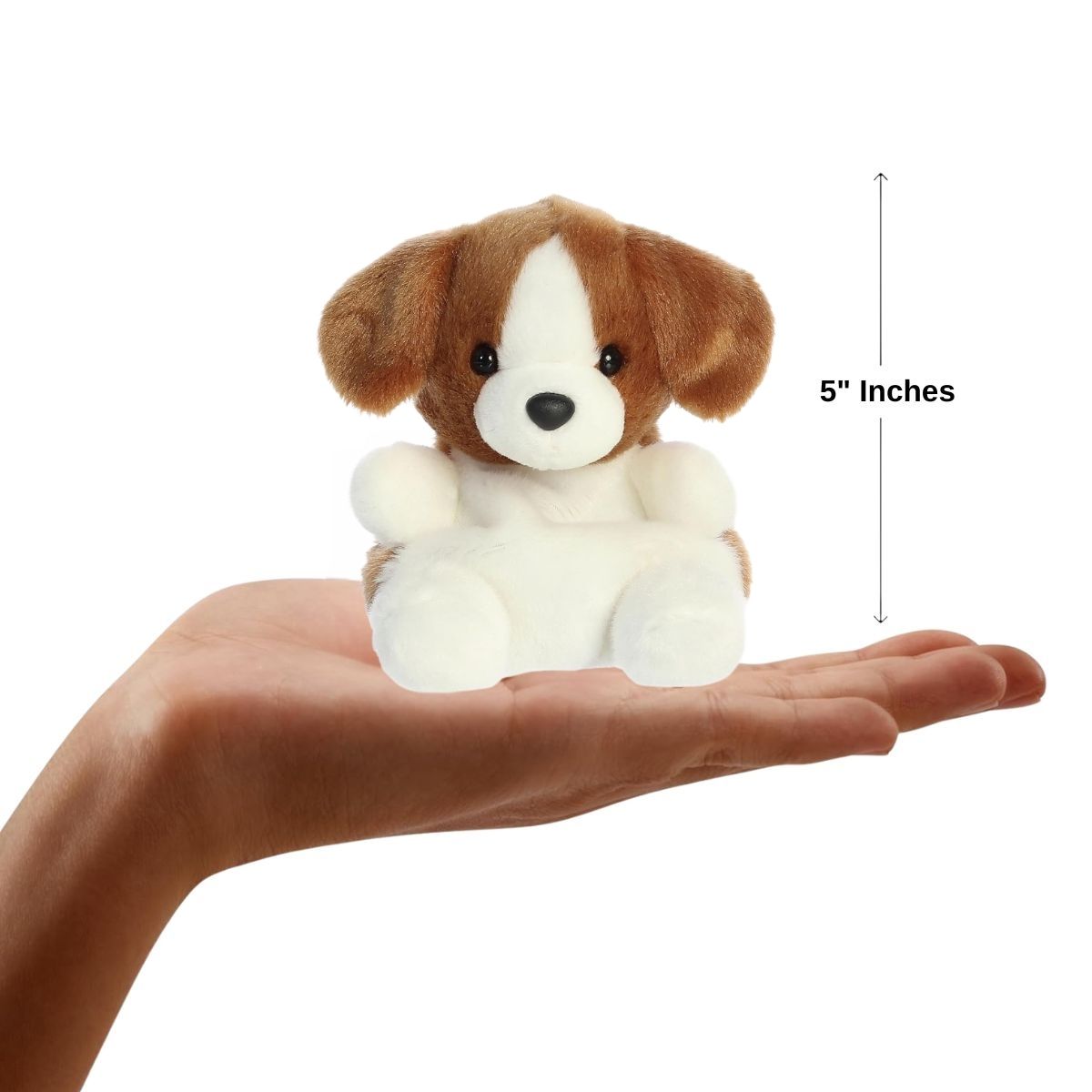 Sizing graphic for the Aurora Palm Pals Buster Beagle plush showing it sitting perfectly in the palm of a hand, indicating a total height of 5 inches.