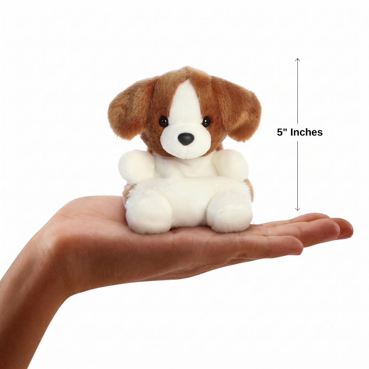 Sizing graphic for the Aurora Palm Pals Buster Beagle plush showing it sitting perfectly in the palm of a hand, indicating a total height of 5 inches.