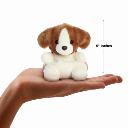 Sizing graphic for the Aurora Palm Pals Buster Beagle plush showing it sitting perfectly in the palm of a hand, indicating a total height of 5 inches.