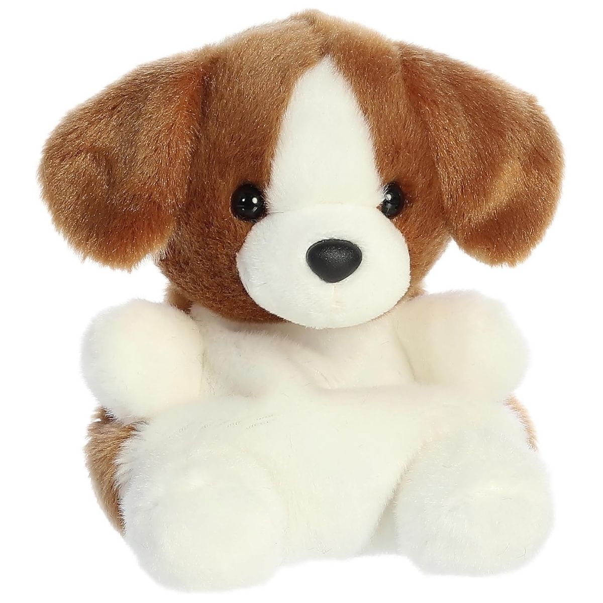 Angled view of the Aurora Palm Pals 5-inch Buster Beagle plush sitting upright, showing his brown and white fur and floppy ears.