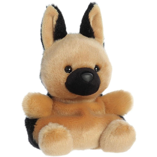 Aurora 5-inch Palm Pals Hans German Shepherd plush dog toy sitting forward showing its warm tan body, distinctive black muzzle, and tall pointed ears.