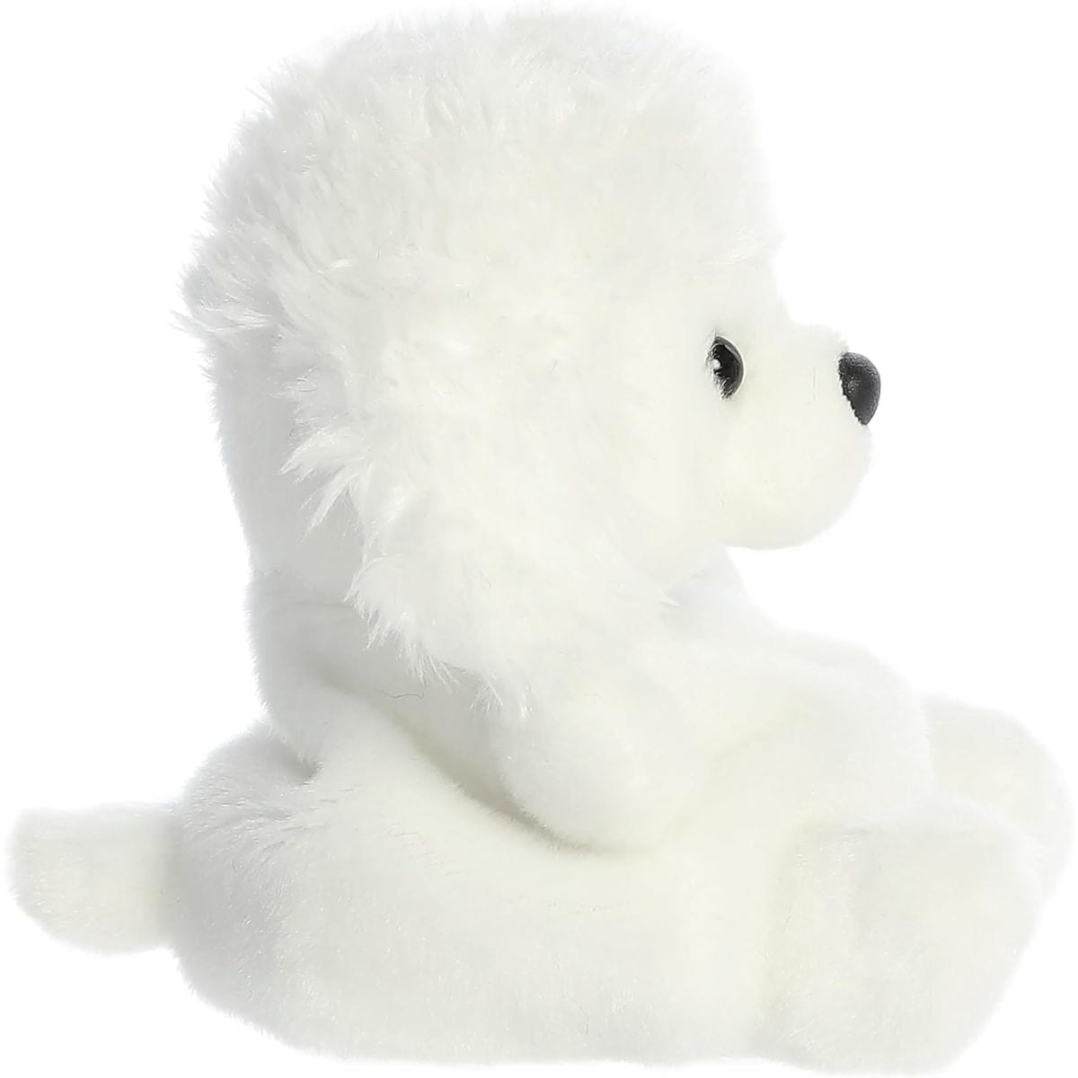 Side profile thumbnail of the mini poodle plush showcasing its rounded back profile, distinct fluffy head coat, and soft seated posture.