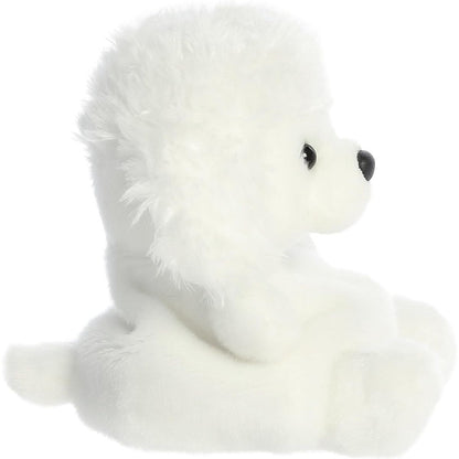 Side profile thumbnail of the mini poodle plush showcasing its rounded back profile, distinct fluffy head coat, and soft seated posture.