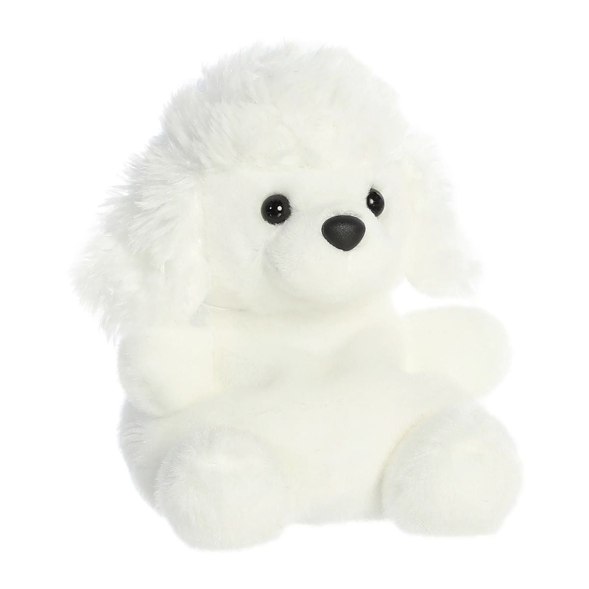 Aurora 5-inch Palm Pals Lulu Poodle plush toy sitting forward showing its clean white fur, fluffy textured top-knot, long fluffy ears, and black button nose.
