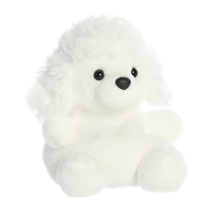 Aurora 5-inch Palm Pals Lulu Poodle plush toy sitting forward showing its clean white fur, fluffy textured top-knot, long fluffy ears, and black button nose.