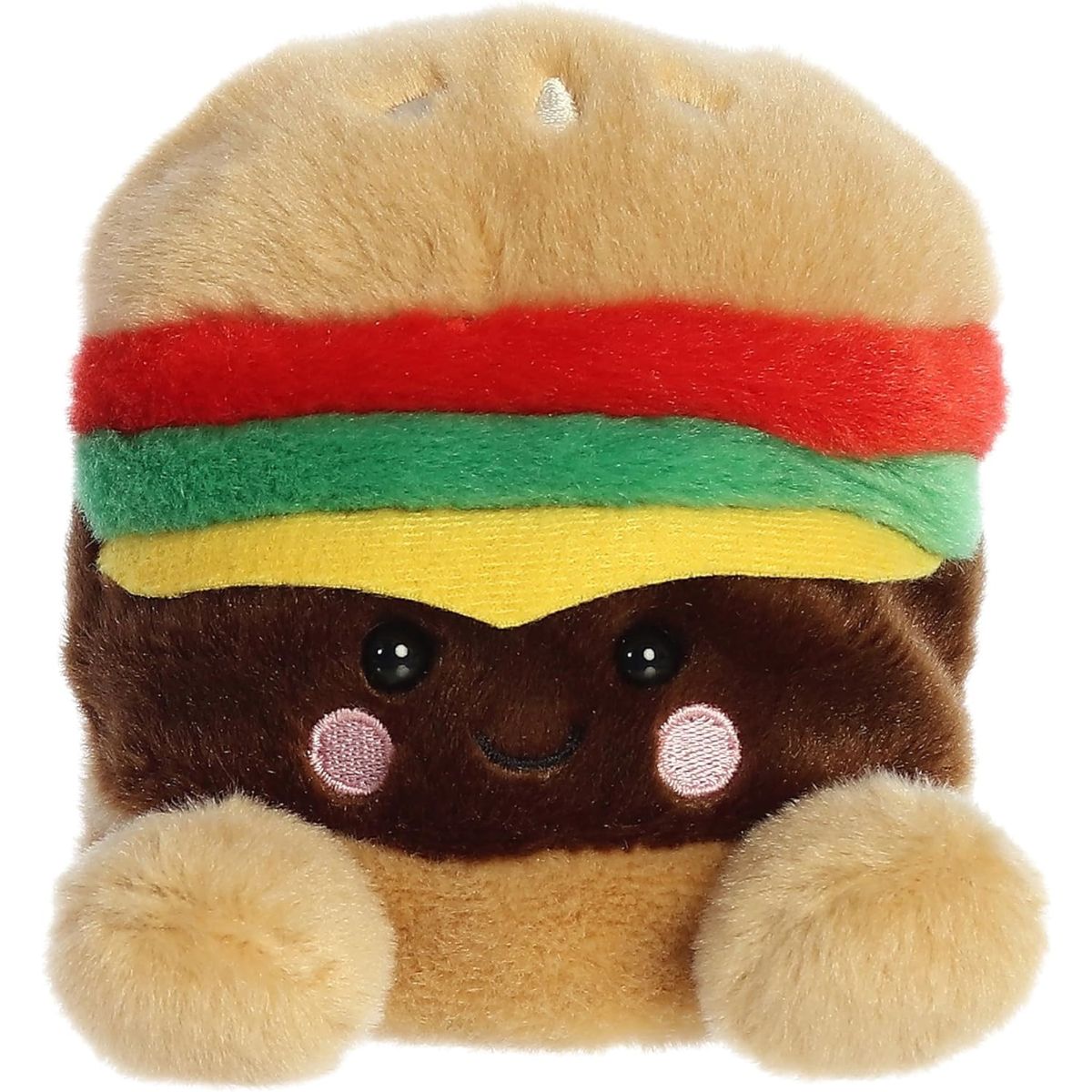 Front view of the adorable Aurora Charles Cheeseburger stuffed animal featuring rosy pink cheeks, dark eyes, and a sweet smile on its brown patty.