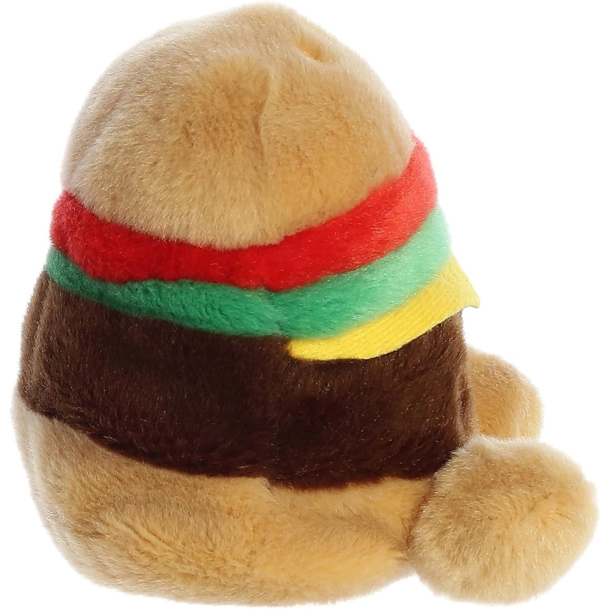 Side profile view of the Palm Pals Cheeseburger plush highlighting its round, perfectly squishy layered body and little feet.