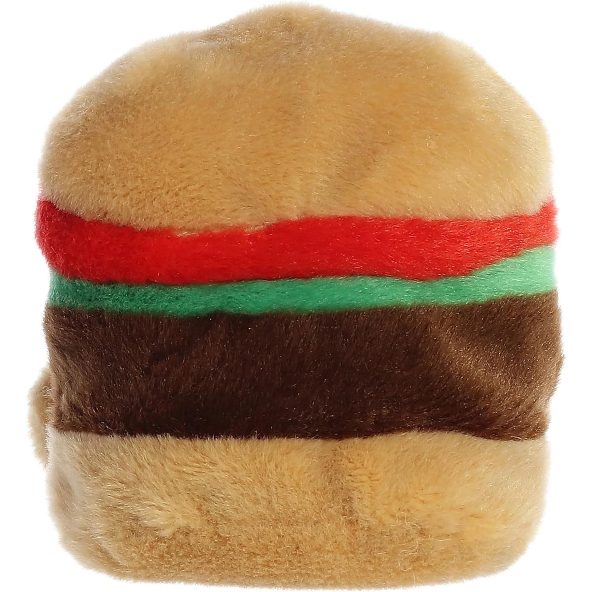 Back view of the Aurora Palm Pals Cheeseburger plush toy showing the colorful ingredient layers wrapping completely around its body.