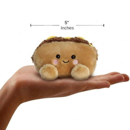 The miniature Mike Philly Cheesesteak plush sitting balanced in an open human hand under a 5-inch width graphic indicator.