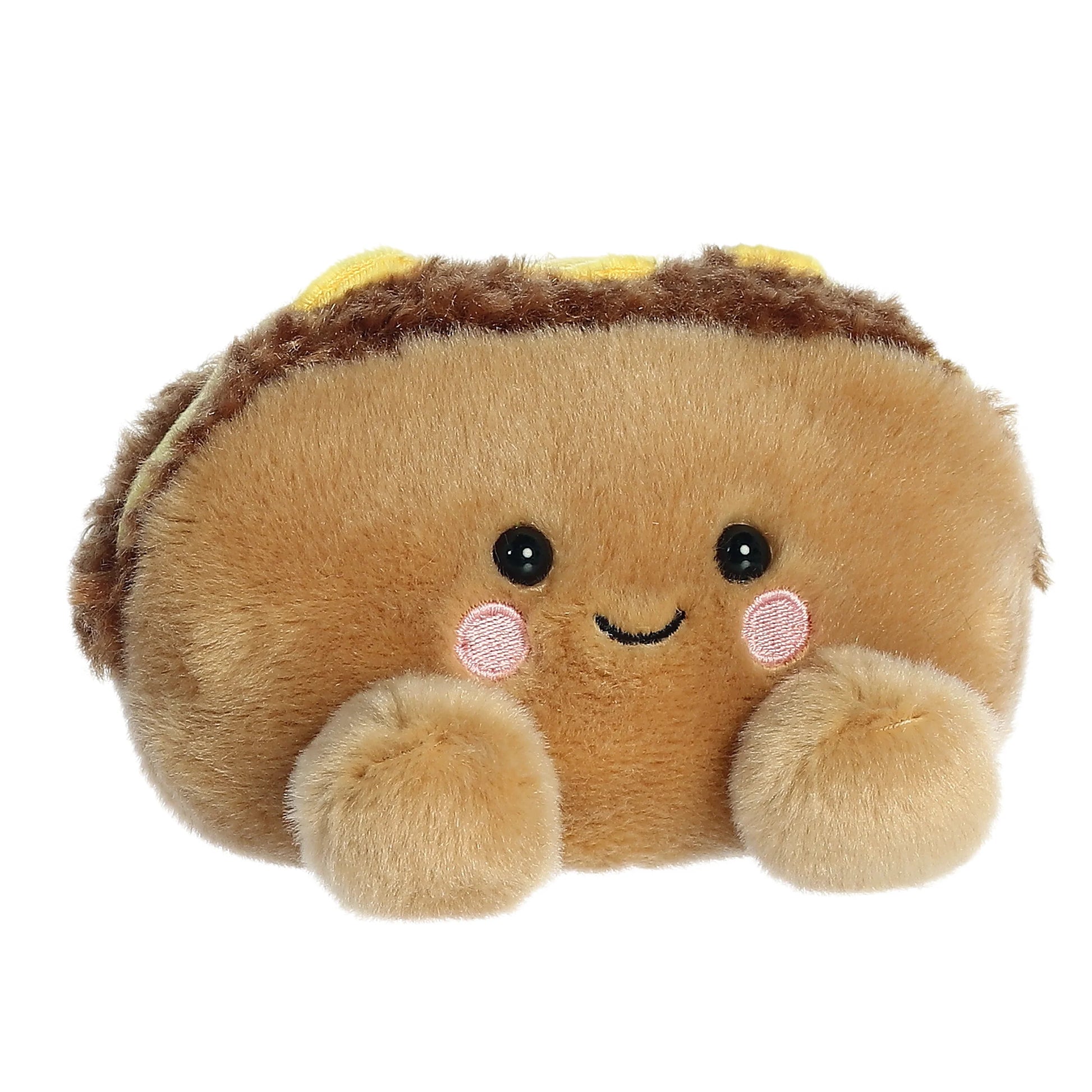Aurora 5-inch Palm Pals Mike Philly Cheesesteak plush toy showing its tan hoagie roll body, fluffy dark brown steak filling, yellow melted cheese ribbon, and a cute smiling face.