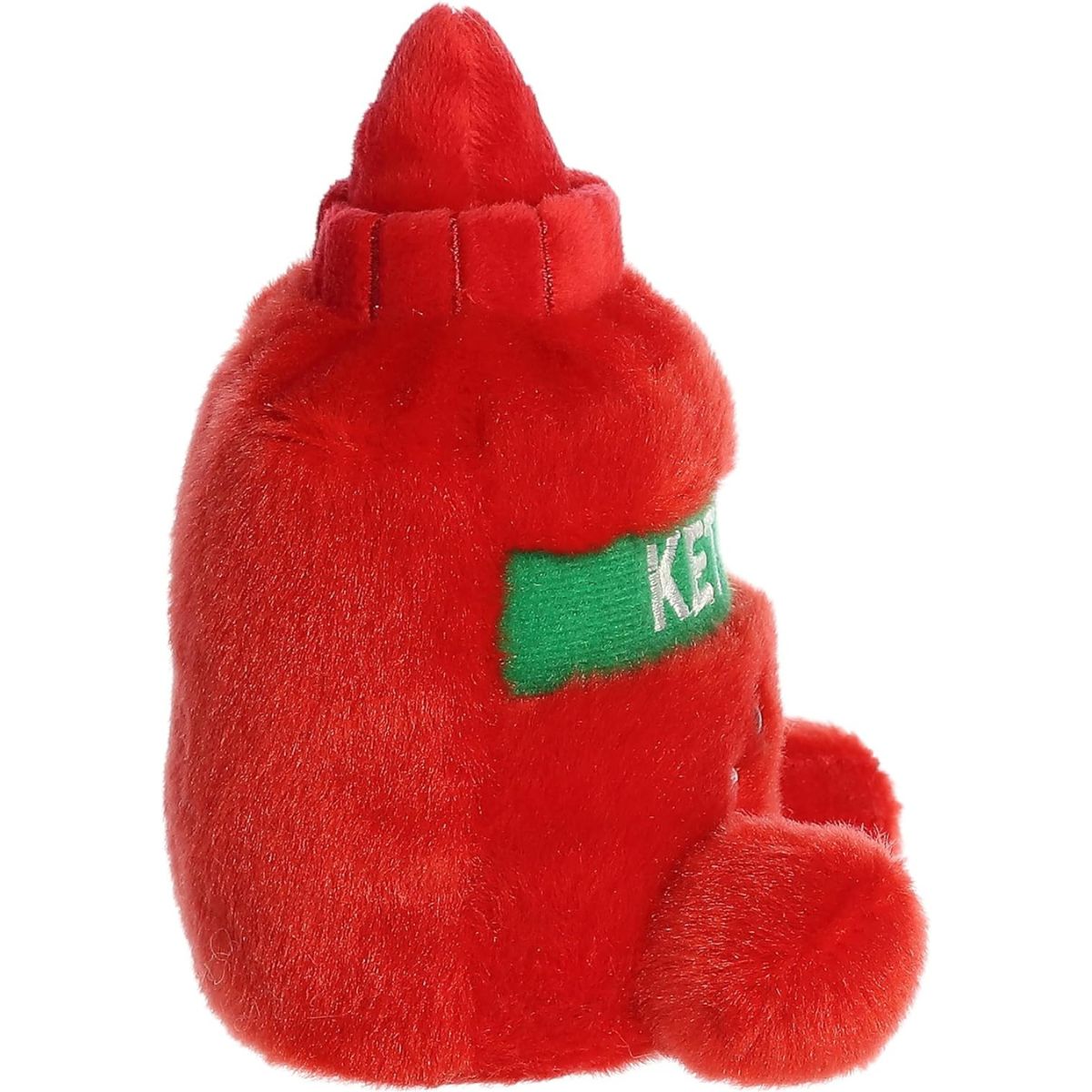 Side profile thumbnail of the mini ketchup plush showcasing its rounded bottle depth, green side label, and pointed nozzle tip.
