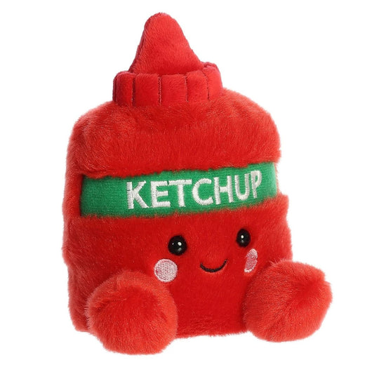 Aurora 5-inch Palm Pals Tommy Ketchup plush toy showing its bright red bottle shape, green label with white "KETCHUP" embroidery, and a cute smiling face.