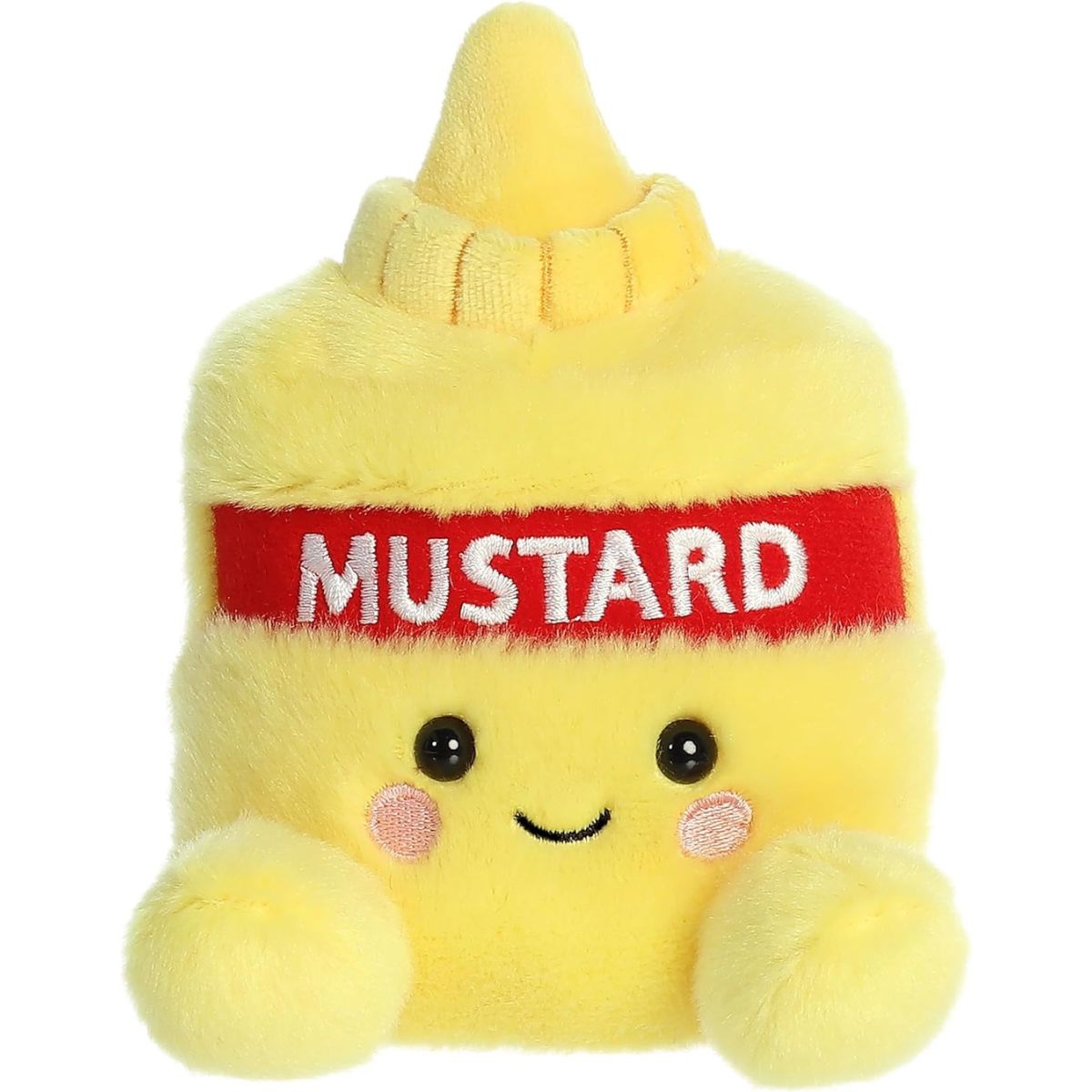 Front view of the adorable Aurora Newton Mustard stuffed animal featuring a sweet smile, rosy pink cheeks, dark eyes, and a bold red label.