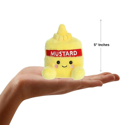 Sizing graphic for the Aurora Palm Pals Newton Mustard plush showing it sitting perfectly in the palm of a hand, indicating a total height of 5 inches.