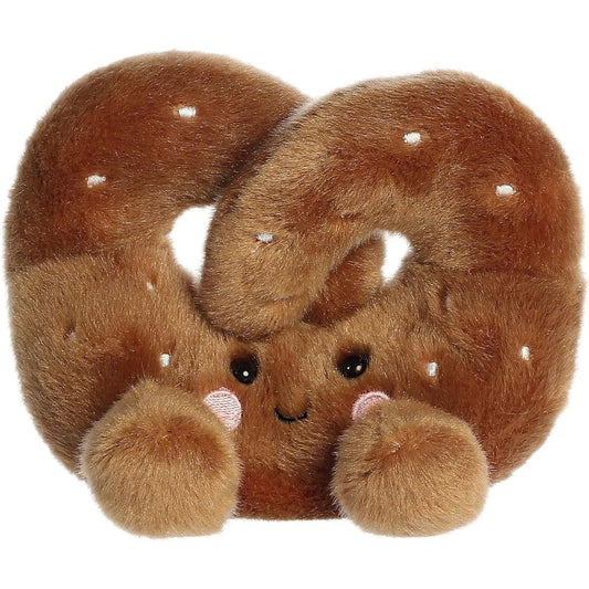 Front view thumbnail of the cute Twist Pretzel plush sitting straight, highlighting its symmetrical tiny brown feet, rosy cheeks, and happy embroidered smile.