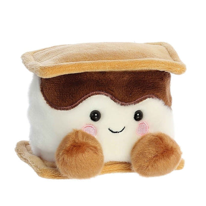 Angled view of the Aurora Palm Pals 5-inch Toastee S'more plush sitting upright, showing its graham crackers, chocolate, marshmallow, and sweet face.