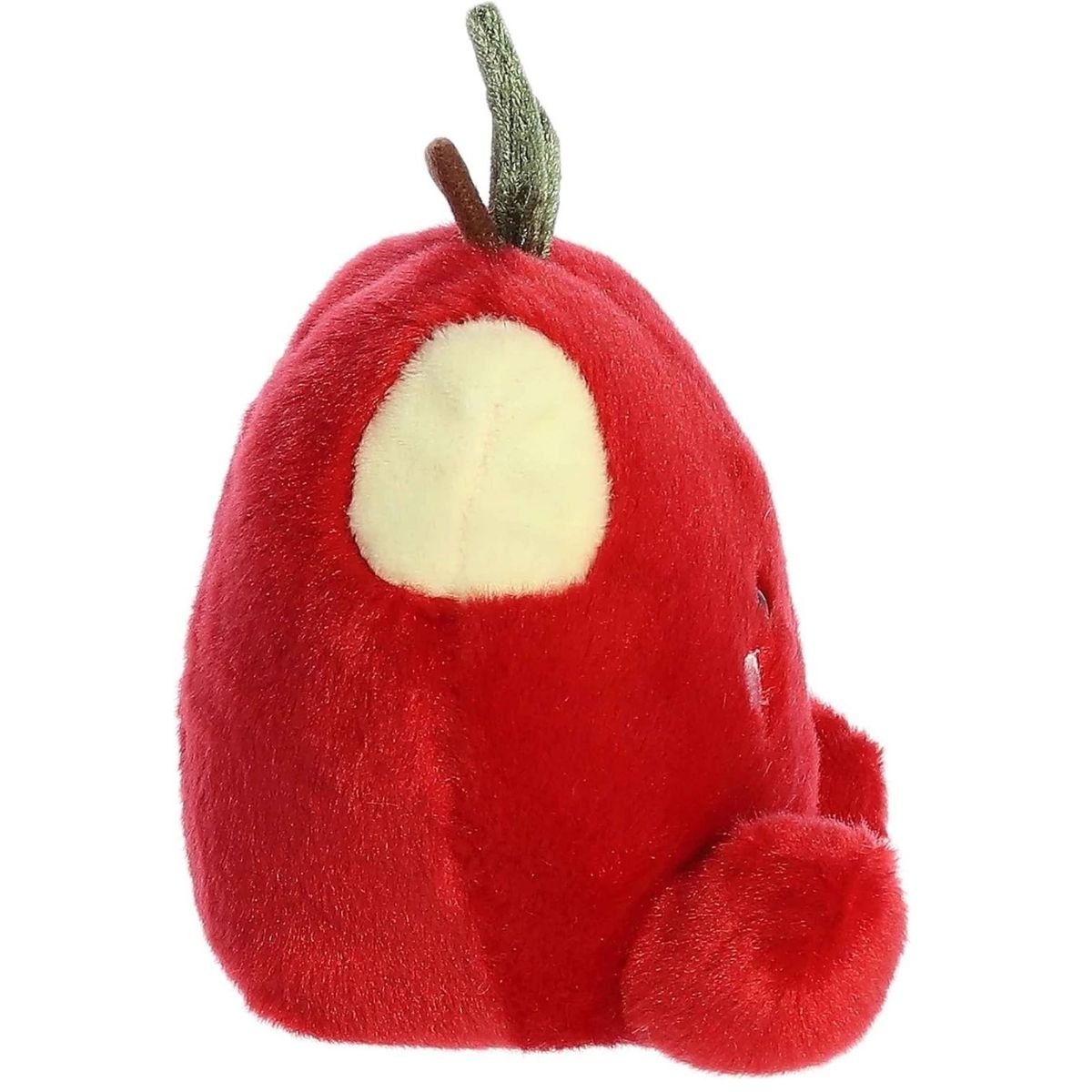 Side profile thumbnail of the mini apple plush showcasing its rounded depth, top stem angle, and the cream interior of the bite mark.