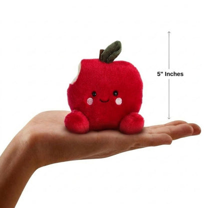 The miniature Crisp Red Apple plush sitting balanced in an open human hand under a 5-inch height graphic indicator.