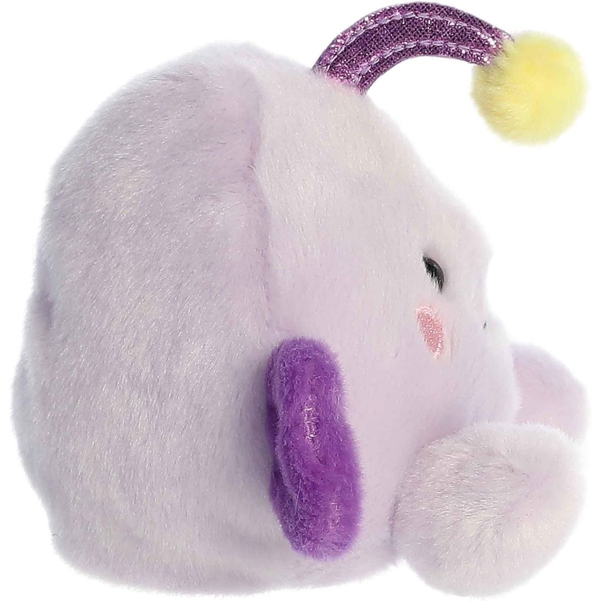 Side profile thumbnail of the mini angler fish plush showcasing its rounded depth, curved head lure stalk, and deep purple side fin.