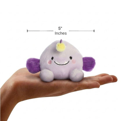 The miniature Blinky Angler Fish plush sitting balanced in an open human hand under a 5-inch height graphic indicator.