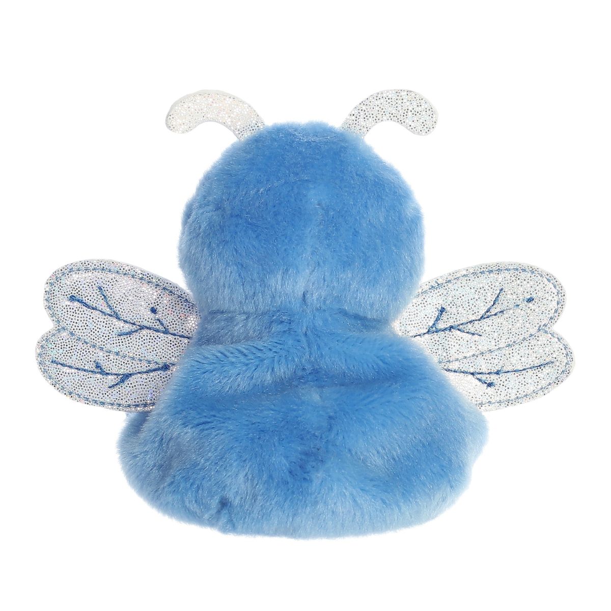 Rear view thumbnail of the Aurora dragonfly stuffed toy displaying its   smooth blue plush back and outstretched silver glitter wings.