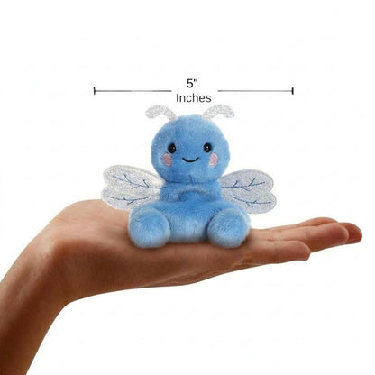 The miniature Dart Dragonfly plush sitting balanced in an open human hand under a 5-inch height graphic indicator.
