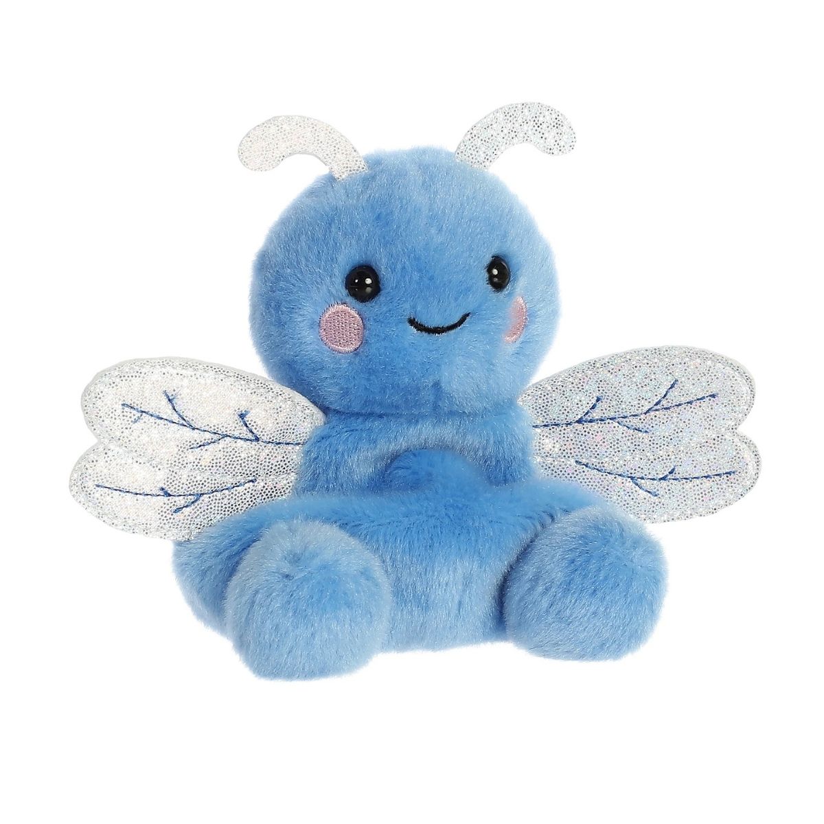 Aurora 5-inch Palm Pals Dart Dragonfly plush toy sitting forward showing its cornflower blue body, shimmering silver wings with blue embroidered details, and a sweet smiling face.