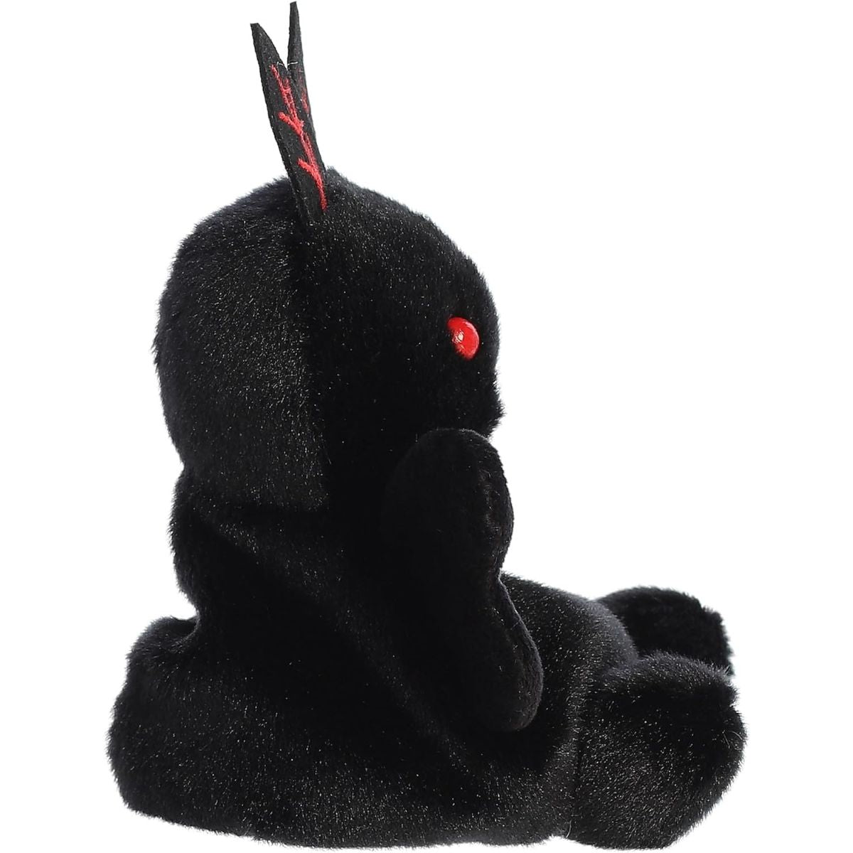 Side profile thumbnail of the mini mothman plush highlighting its thin wings, seated posture, and glowing red safety eye.